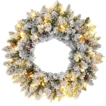 24 Christmas Front Door Wreath With Lights Flocked Christmas Wreath With Pine Cones And Berries For Windows Green