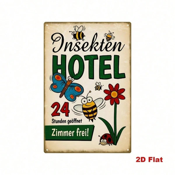1pc Retro Insect Hotel Tin Sign, Vintage Cartoon Bug Butterfly Bee Metal Wall Art - view 2