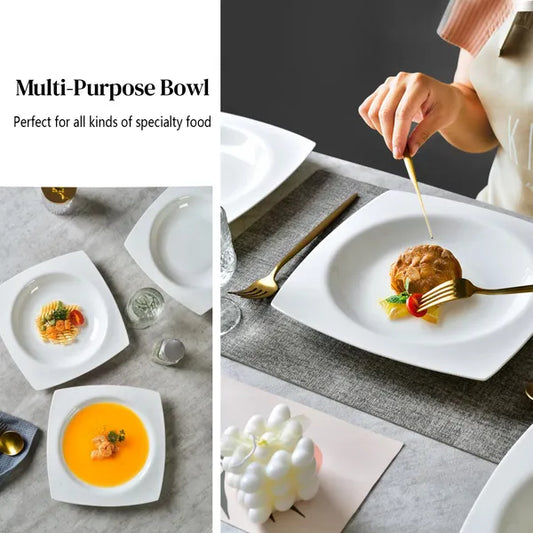 Salad Kitchen Plate Set For 6,Square Plate Sets For Elegant Dining,Microwave Safe White Plates Ceramic Tableware Set - view 2