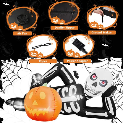 7ft Inflatable Halloween Decor With Lying Skeleton, 7 Built-in LED Lights, Black & White, 12V 1250mA US Power Adapter - view 3