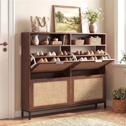 Boho Style Shoe Cabinet Cabinet With 4 Flip Drawers & Open Shelves, Freestanding Shoe Organizer For Entryway - view 2