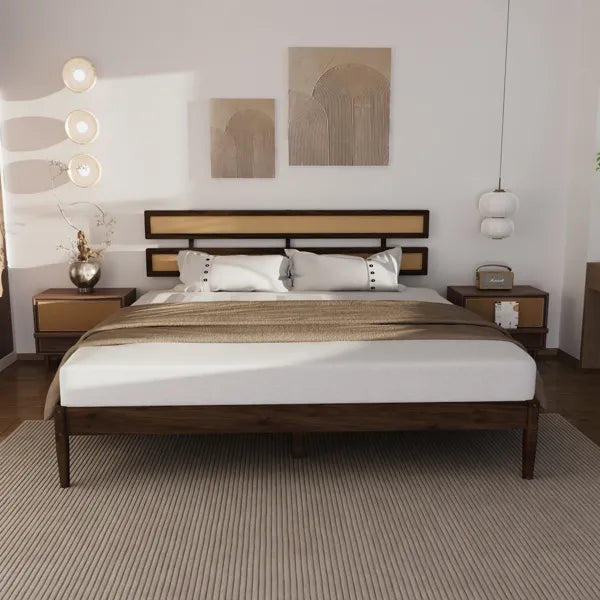 Dark walnut wood painted finish + rattan and pine wood double headboard King size bed, Bohemian style
