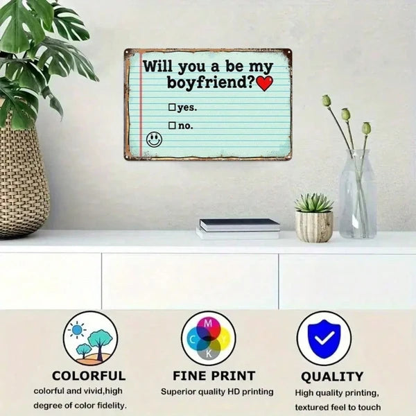 1pc Will You Be My Boyfriend Metal Sign, 2D Flat Tin Plaque Sticky Note Style - view 5