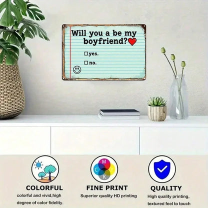 1pc Will You Be My Boyfriend Metal Sign, 2D Flat Tin Plaque Sticky Note Style - view 5
