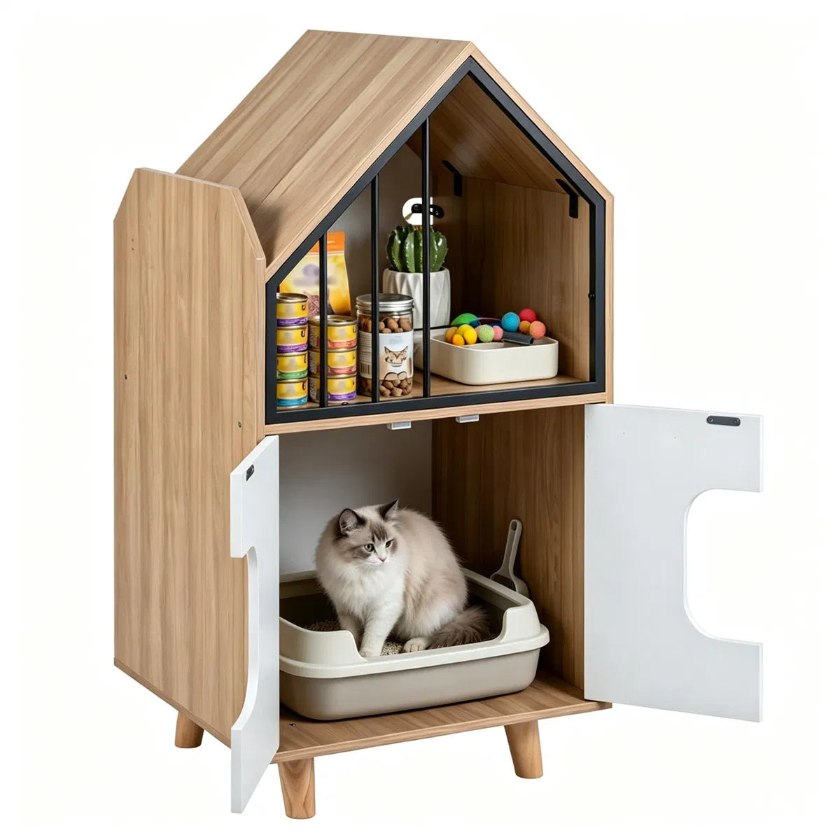 Natural & White Hidden Cat Litter Box Furniture, Elevated Cat Lounge Top Enclosed Cat Washroom Cabinet with Raised Legs - view 7