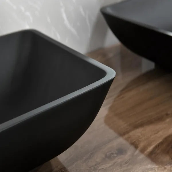 14.38" L -22.25" W -4.38" H Matte Shell Glass Rectangular Vessel Bathroom Sink in Black with Faucet and Pop-Up Drain - view 5