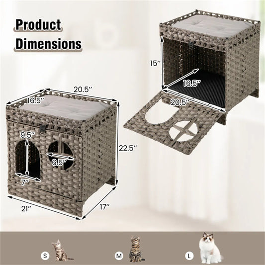 2-Tier Wicker Cat Condo with Litter Mat - Hidden Litter Box Enclosure, Detachable Washable Cushion, Gray Rattan