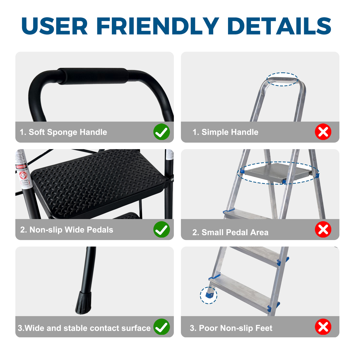 3 Step Ladder, Folding Step Stool With Wide Anti-Slip Pedal, Sturdy Steel Ladder, Lightweight, Portable Steel Step Stool - view 10