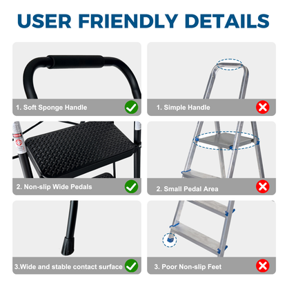 3 Step Ladder, Folding Step Stool With Wide Anti-Slip Pedal, Sturdy Steel Ladder, Lightweight, Portable Steel Step Stool - view 10