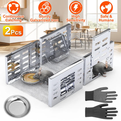 2Pcs Humane Rat Trap Catch and Release Live Mouse Cage Traps with Automatic Continuous Cycle Trapping for Chipmunk