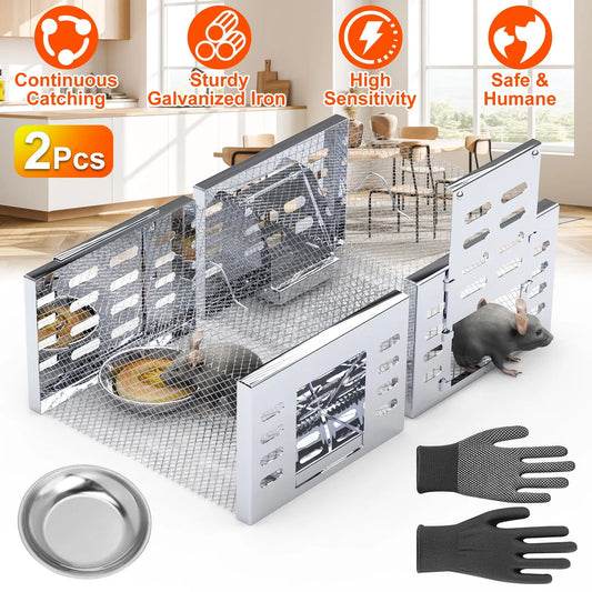 2Pcs Humane Rat Trap Catch and Release Live Mouse Cage Traps with Automatic Continuous Cycle Trapping for Chipmunk
