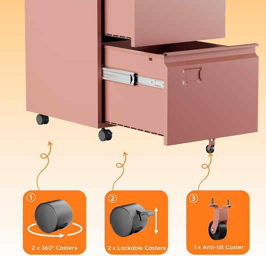 2 Drawer Mobile File Cabinet With Lock, Under Desk Metal Filing Cabinet For Office, Home - view 2