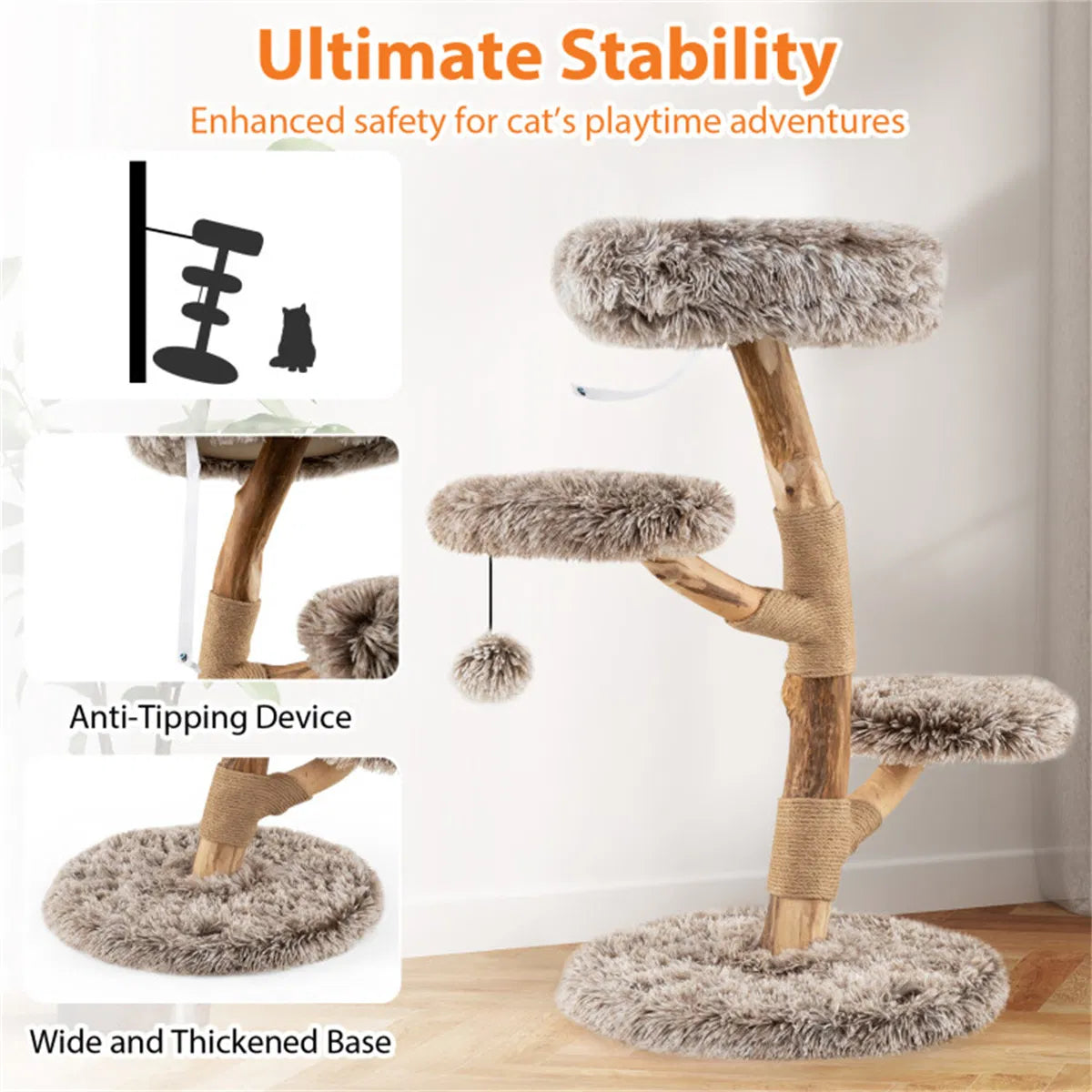 4-Level Natural Pear Wood Cat Tree - 19.5" x35.5", Jute Scratch Posts + Plush Ball, Long Plush - view 2