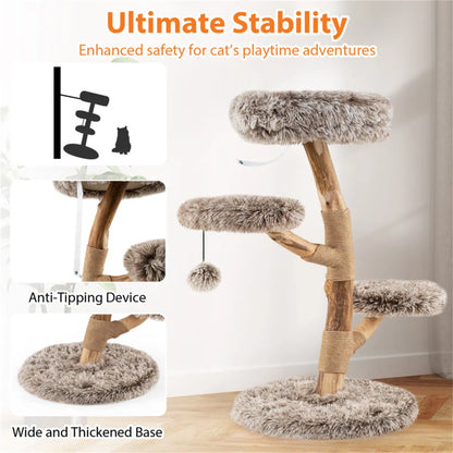 4-Level Natural Pear Wood Cat Tree - 19.5" x35.5", Jute Scratch Posts + Plush Ball, Long Plush - view 2