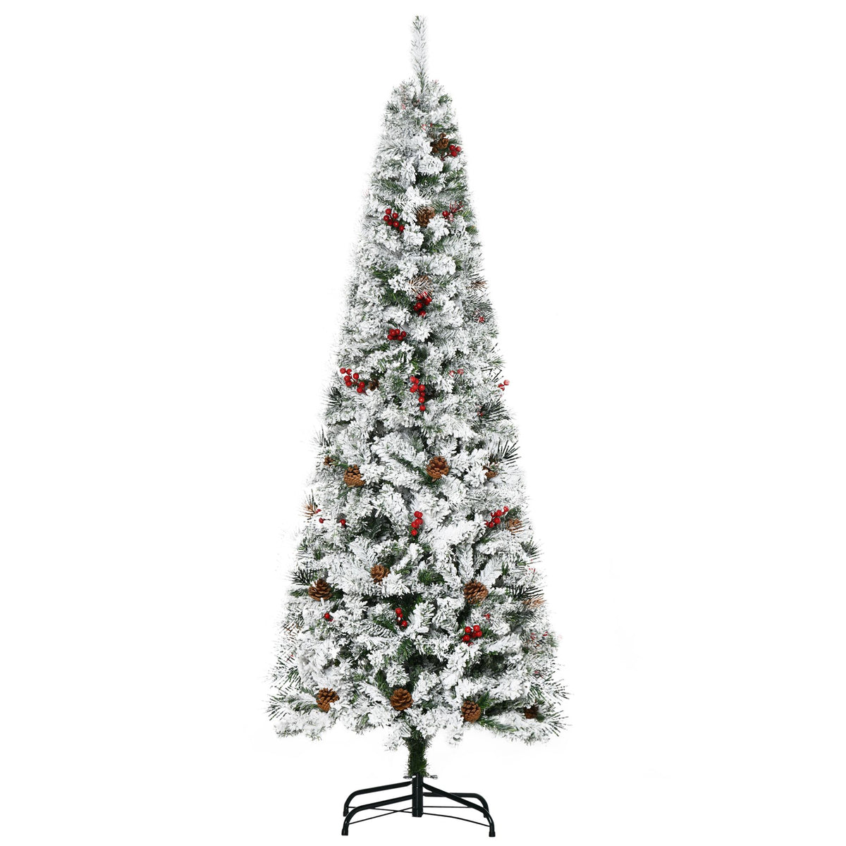 6 Foot Pencil Snow Flocked Artificial Christmas Tree With 600 Pine Realistic Branches, Pine Cones, Red Berries