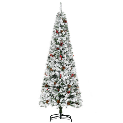 6 Foot Pencil Snow Flocked Artificial Christmas Tree With 600 Pine Realistic Branches, Pine Cones, Red Berries