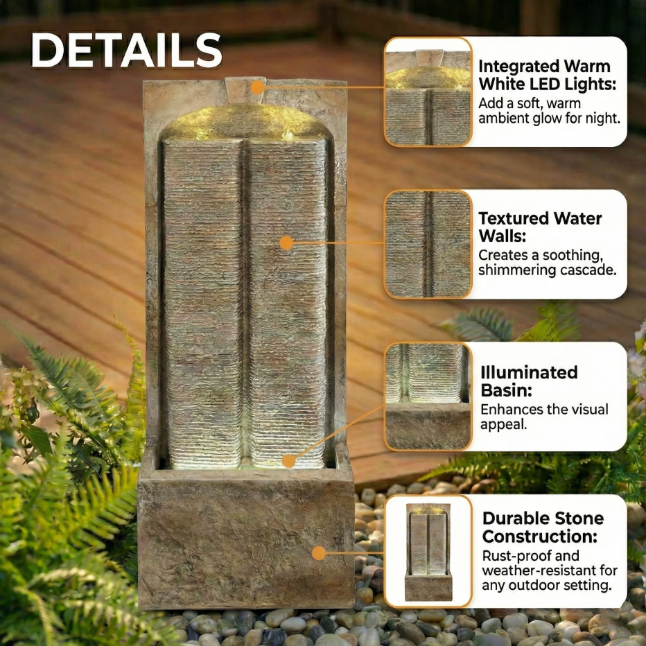 39 Inch Outdoor Water Fountain With Pump, Modern Cascading Freestanding Wall Fountain - view 6