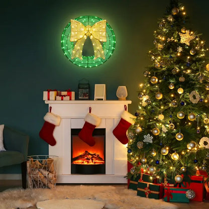 24in Pre-lit Outdoor Christmas Wreath Decoration, Lighted Metal Wreath With Golden Bow, Green And Warm White LED Lights - view 5
