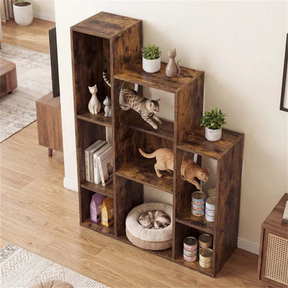 Cat Bookshelf Cabinet (Rustic Brown), 8 Organized Storage Sections & Multiple Climbing Platforms - view 2