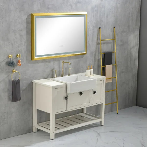 42x24 Inch LED Frontlit Bathroom Mirror with Metal Frame, Wall Mounted Vanity Mirror with Smart Touch Button, Anti-Fog