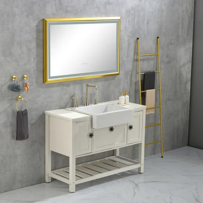 42x24 Inch LED Frontlit Bathroom Mirror with Metal Frame, Wall Mounted Vanity Mirror with Smart Touch Button, Anti-Fog