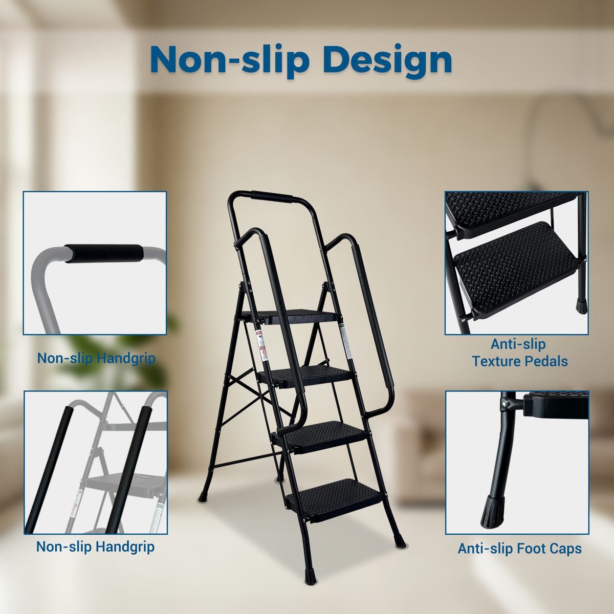 4 Step Ladder, Folding Step Stool With Wide Anti-Slip Pedal, Sturdy Steel Ladder, Convenient Handrail, Lightweight - view 4