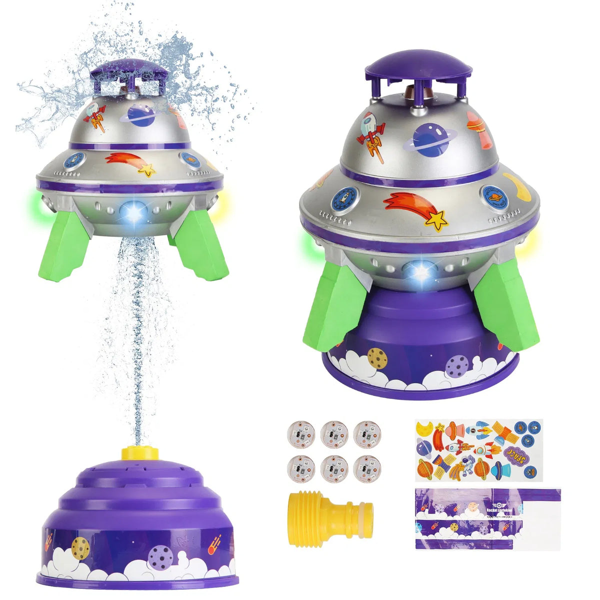 UFO Water Sprinkler Outdoor Summer Rocket Toy With Colorful LED Lights Spinning 1.64FT To 6.56FT Adjustable Height
