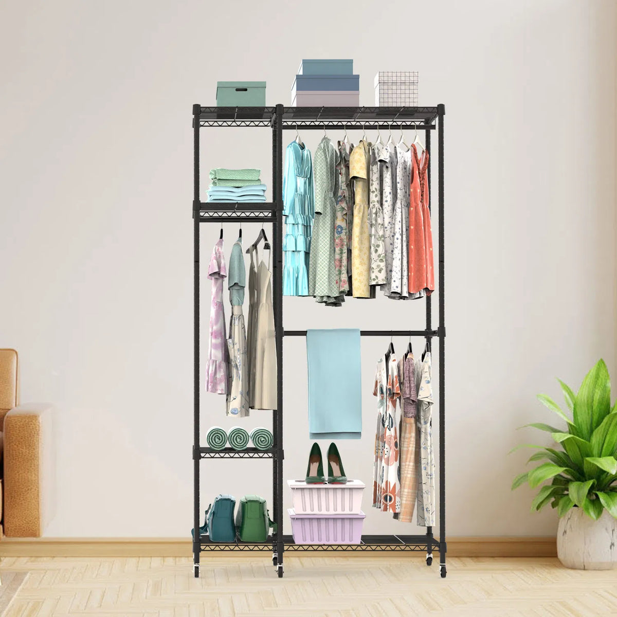 4 Tier Heavy Duty Garment Rack With Wheels Carbon Steel Clothing Rack Portable Wardrobe Clothes Rack With 3 Hanging - view 6