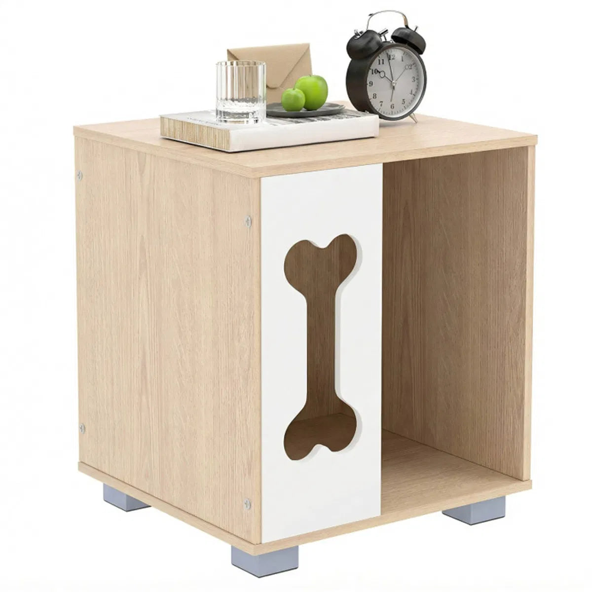 Cat Dog House Dog Bed Side Table Wooden Dog Condo with Bone-shape Window and Thick Metal Legs