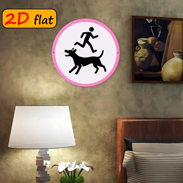2D Flat Round Aluminum Sign, Round Aluminum Sign, Sign, Snarling Dog & Running Figure Outdoor Plaque - view 3
