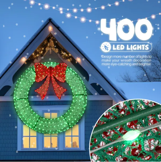 60in Pre-Lit Outdoor Christmas Wreath Decoration, LED Metal Holiday Decor For Home Exterior, Garden W 400 Lights, Bow - view 3