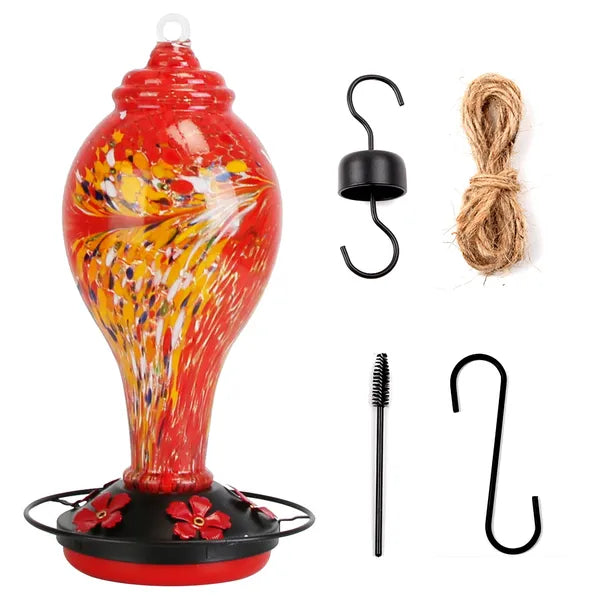 Glass Hummingbird Feeder 33OZ Hand Blown Hummingbird Feeder With 5 Flower Feeding Port Perch Ant Moat Hanging Hook S