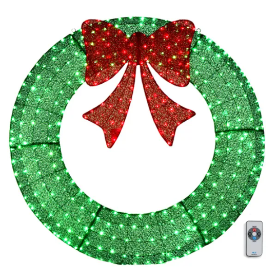 60in Pre-Lit Outdoor Christmas Wreath Decoration, LED Metal Holiday Decor For Home Exterior, Garden W 400 Lights, Bow - view 2