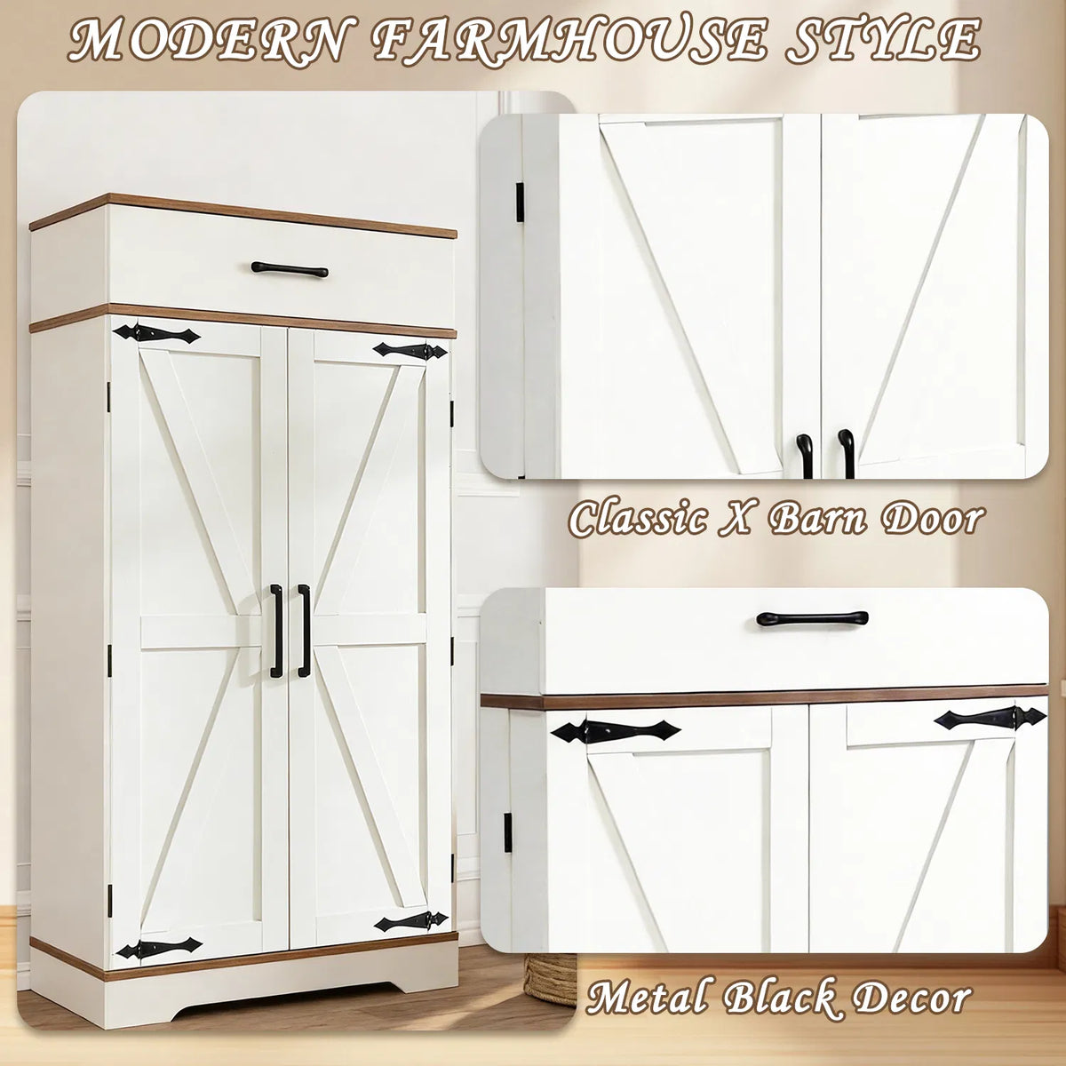 Farmhouse Kitchen Pantry Cabinet - 472" Tall Wood Kitchen Storage Cabinets with Adjustable Shelves Barn Style Doors - view 2