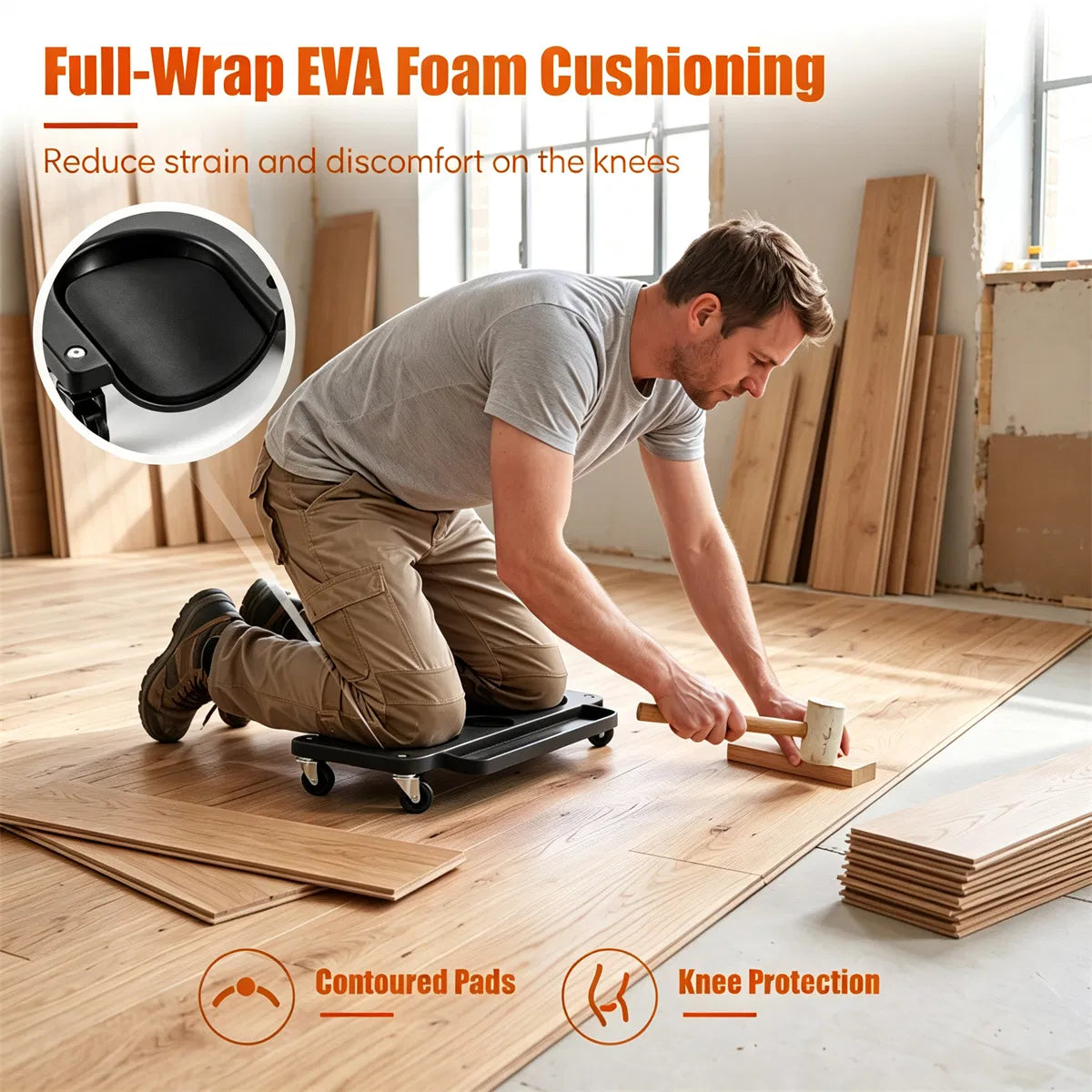 Black Rolling Knee Creeper with EVA Foam Cushioned Pads, 300 LBS Capacity Garage Knee Dolly with Magnetic & Long Tool - view 7