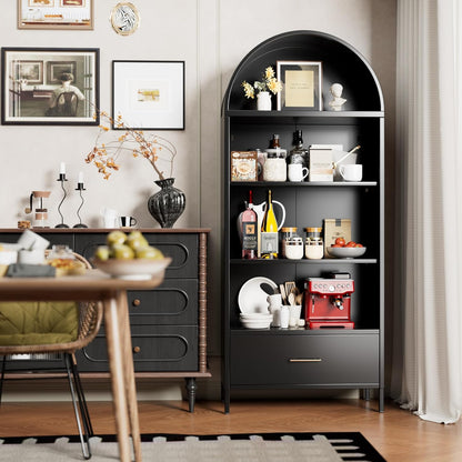 Metal Arched Bookshelf, Accent Arch Kitchen Pantry Cabinet With Drawer For Home Office Bar Living Room Farmhouse Black - view 7