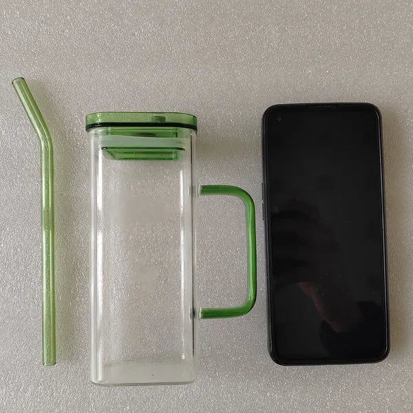 1 Pcs Pink Glass Straw Cup, 6 Colors Square Glass Cup With Straw And Lid, High Borosilicate Glass Cup, Milk Cup - view 5