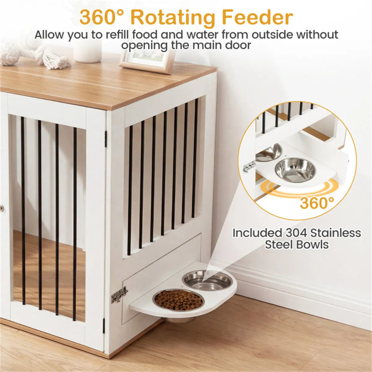 Furniture Style Dog Crate with 360° Rotating Feeder & 304 Stainless Steel Bowls, Double Locking Indoor Dog Kennel - view 2