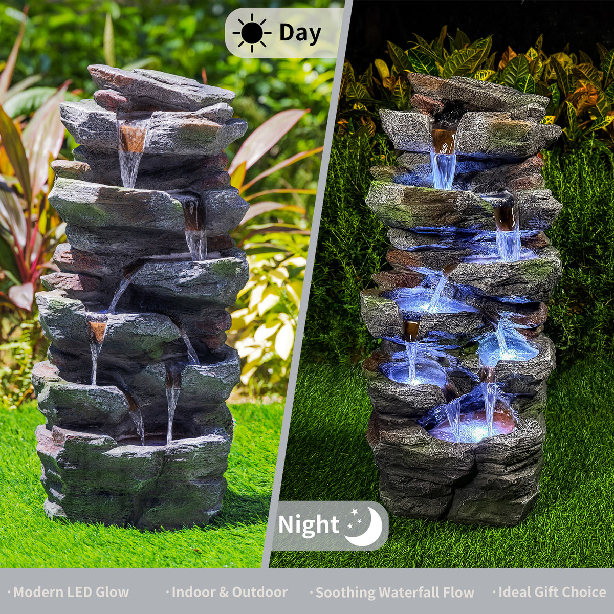 Rock Waterfall Outdoor Fountain With LED Lights Stone Garden Fountains Outdoor For Patio Lawn Cascading Tiered Outdoor - view 7