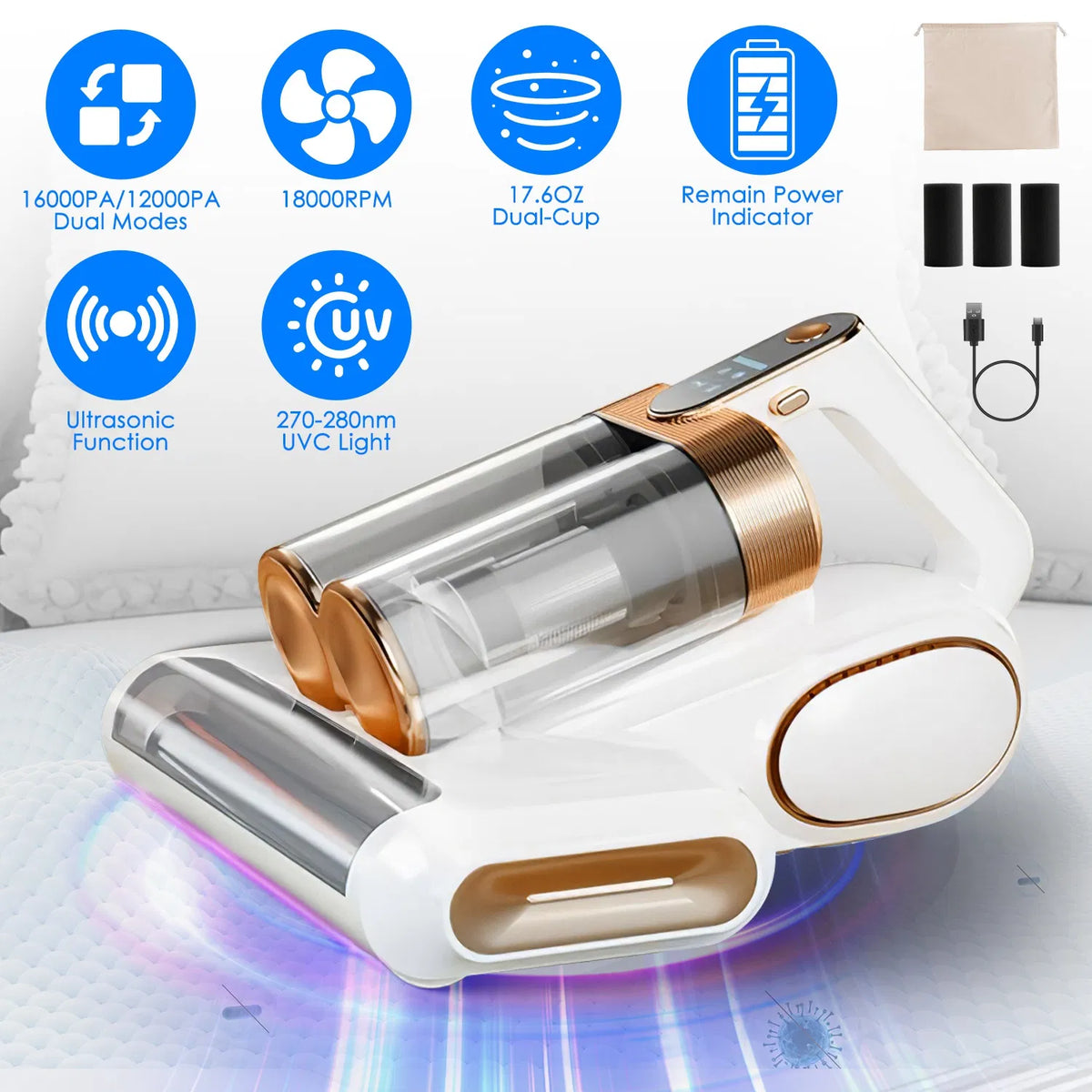 Mattress Vacuum Cleaner, Cordless 200W with 16KPA Suction, Allergen Removal