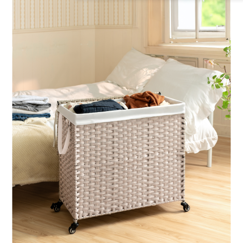 Laundry Hamper With Lid PE Rattan Powder Coating Frame Clothes Hampers With 02 Removable Bags, Wheels, 160L, Gray Color - view 8