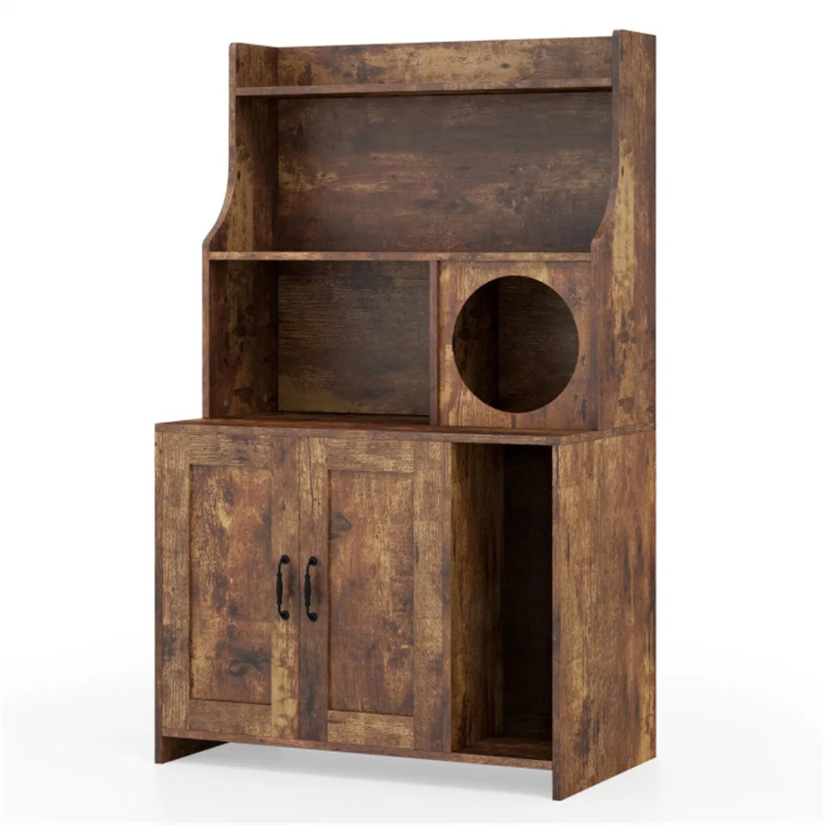 Wooden Hidden Cat Litter Box Enclosure with Storage Shelves Anti-Toppling Design Industrial Style Brown - view 9