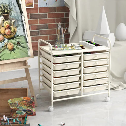 12-Drawer Rolling Storage Cart - 2-Row 10-Storey, Multicolor Drawers, 4 Wheels (2 Brake), White Frame-White - view 5