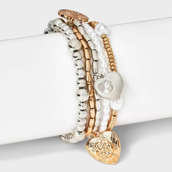 Heart Charm And Pearl Beaded Bracelet 5pc Set - Gold
