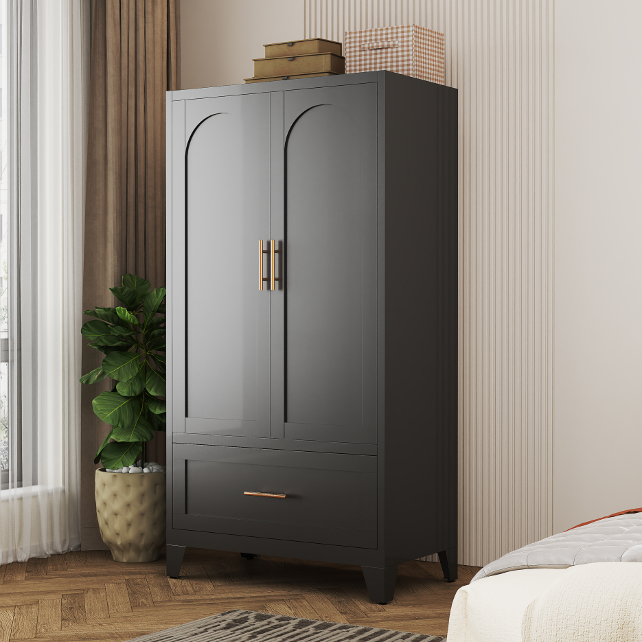 60inch Tall Metal Wardrobe Cabinet With 1 Drawer And Hanging Rod, 2 Doors Wardrobe Closet With Shelf For Bedroom - view 3