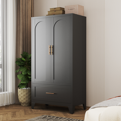 60inch Tall Metal Wardrobe Cabinet With 1 Drawer And Hanging Rod, 2 Doors Wardrobe Closet With Shelf For Bedroom - view 3
