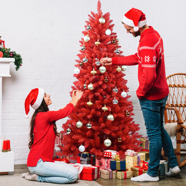 Artificial 7ft Red Christmas Tree With 1066 PVC Branch Tips, Hinged Premium & Foldable Base For Indoor Holiday - view 6