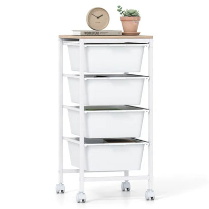 4-Drawer Rolling Storage Cart, Mobile Utility Organizer With MDF Wooden Top (Natural)