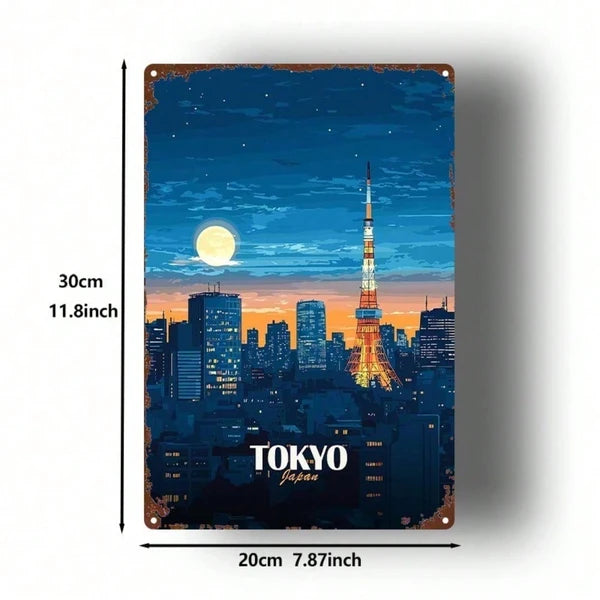 1pc Tokyo Japan Cityscape Metal Sign, 8x12 Inch Rustic Iron Wall Art - view 2