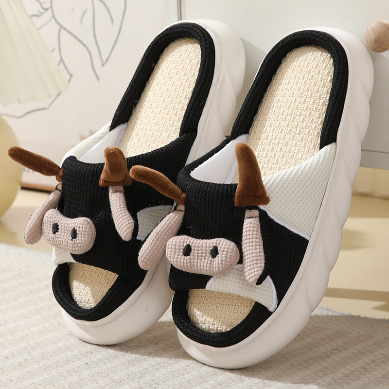 Cute Cartoon Cow Frog Slippers Linen Non-slip Shoes Indoor Garden Home Slippers - view 6